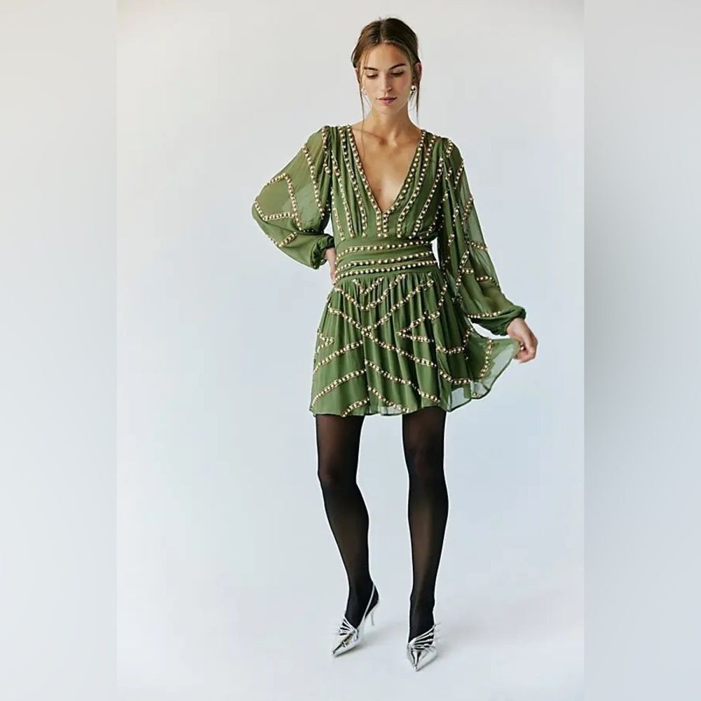 Free People JEN'S PIRATE BOOTY Olive Green Beaded V-Neck Mini Dress - Picture 4 of 11